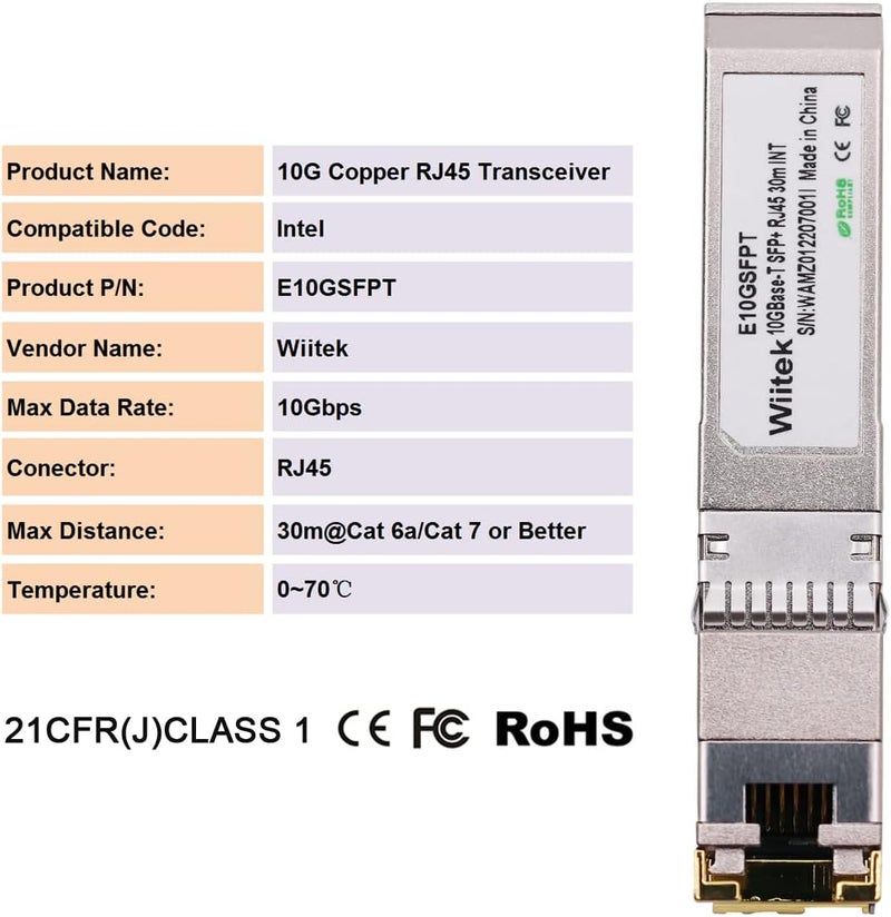 Wiitek 10G SFP+ to RJ45 Copper Modules, 1.25G/2.5G/5G/10GBase-T Ethernet Copper to SFP+ Transceiver Compatible for Intel E10GSFPT(Cat 6a/7 or Better, 30-Meter) - Image 3